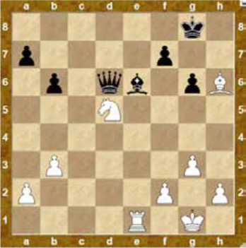 Białe: Kg1, We1, Gh6, Sd5, a2, b3, f2, g3, h2. Czarne: Kg8, Hd6, Ge6, a7, b6, f7, g6