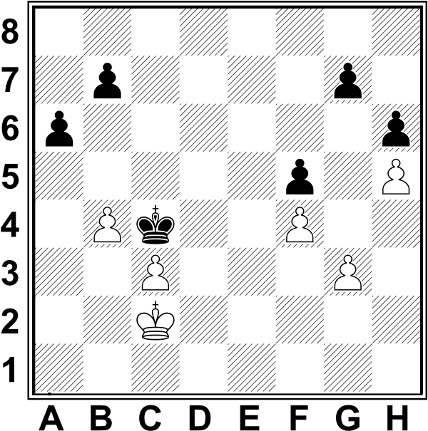 Białe: Kc2, b4, c3, f4, g3, h5. Czarne: Kc4, a6, b7, f5, g7, h6
