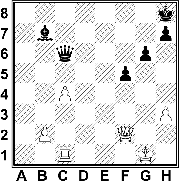 Białe: Kg1, Hf2, Wc1, b2, c4, h3        zarne: Kh8, Hc6, Gb7, f5, g6, h7