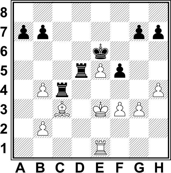 Białe: Ke3, We1, Gc3, b2, b4, e5, f3, g3, h4.  Czarne: Ke6, Wc4, Wd5, a7, b7, f5, g7, h7
