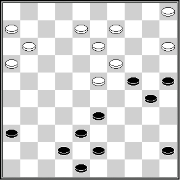 Białe: 46, 45, 43, 42, 40, 38, 36, 35, 32, 28. Czarne: 3, 6, 8, 9, 13, 15, 18, 21, 26, 27