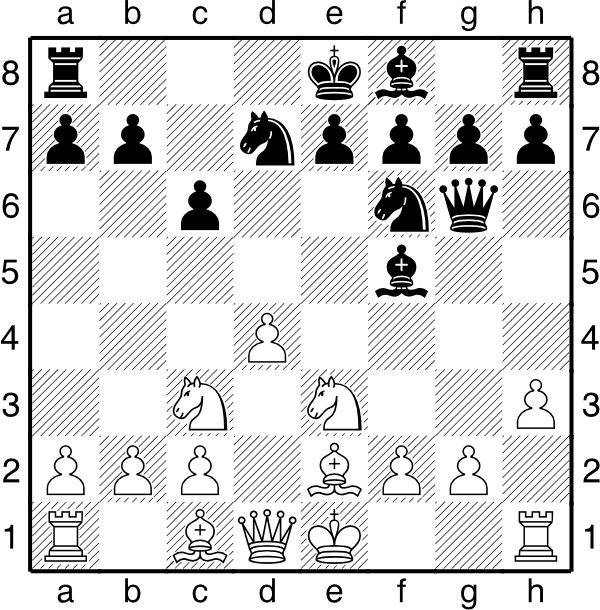 Białe: Ke1, Hd1, Wa1, Wh1, Gc1, Ge2, Sc3, Se3, a2, b2, c2, d4, f2, g2, h3. Czarne: Ke8, Hg6, Wa8, Wh8, Gf5, Gf8, Sd7, Sf6, a7, b7, c6, e7, f7, g7, h7