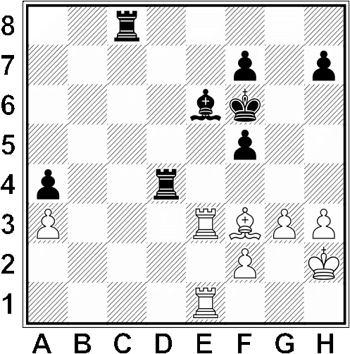 Białe: Kh2, We1, We3, Gf3, a3, f2, g3, h3  Czarne: Kf6, Wc8, Wd4, Ge6, a4, f5, f7, h7