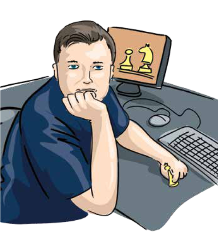 Rysunek przedstawiający mężzyznę siedzącego przy komputerze i trzymającego figurkę szachową