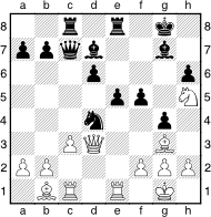 Białe: a2, b2, c3, f2, g2, h2, Sh5, Gb2, Gg3, Wc1, We1, Hd3, Kg1. Czarne: a7, b7, d6, e5, f5, g4, h6, Sd4, Gg7, Wc8, We8, Hc7, Kg8.