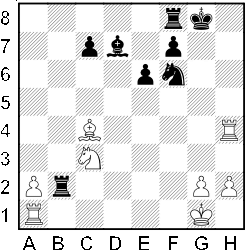 Białe: Kg1, Wa1, Wh4, Gc4, Sc3, a2, g2, h2.            Czarne: Kg8, Wb2, Wf8, Gd7, Sf6, c7, e6, f7