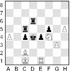 Białe: Kc1, We1, Gc2, Sf4, a4, g3, h5.              Czarne: Kd4, Wc5, Wd6, c4, e4, f5