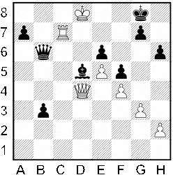 Białe: Kd8, Hd4, Wc7, Wd4, e5, f4, g3, h2. Czarne: Kg8, Hb6, Gd5, a7, b3, e6, f5, g7, h6.