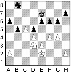 Białe: Ke2, Sd3, a2, c5, d4, e3, f4, h4. Czarne: Ke7, Sb8, a6, b5, d5, e6, f6, g6, h7