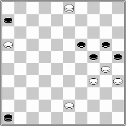 Białe: 43, 35, 34, 30, 21, damka 3 Czarne: 6, 19, 20, 24, 25, damka 46 