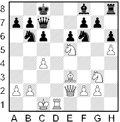 Białe: a2, b2, c4, f2, g2, h4, Se5, Sg3, Ge3, Wd1, Hw2, Kc1, Czarne: a7, b7, c6, e6, f7, g7, h6, Sb6, Sf6, Gf8, Wh8, Hc7, Kc8