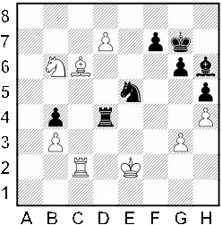 Białe: b3, d7, g3, h4, Sb6, Gc6, Wc2, Ke2. Czarne: b4, f7, g6, h5, Se5, Gh6, Wd4, Kg2