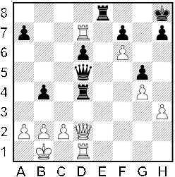 Białe: a2, b2, c2, f6, g4, h3, Wd1, Wd7, Hd2, Kb2. Czarne: a7, b4, d6, f7, g5, h7, Wd4, We8, Hd5, Kh8.