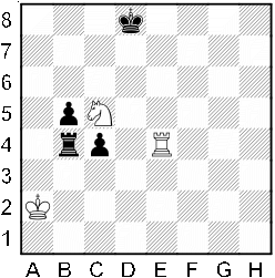 Białe: Sc5, We4, Ka2. Czarne: b5, c4, Wb4, Kd8.