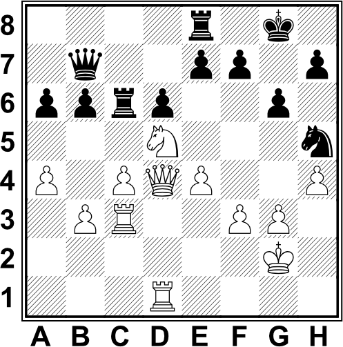 Białe: Kg2, Hd4, Wc3, Wd1, Sd5, a4, b3, c4, e4, f3, g3, h4: Kg7, Czarne: Hb7, Wc6, Wf8, Sh5, a6, b6, d6, e7, f7, g6, h7 