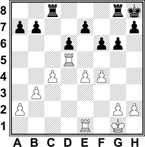 Białe: Kg1, Wd5, We1, a2, b3, c4, e4, f4, g2, h2. Czarne: Kh8, Wc8, Wg8, a7, b7, d6, e7, f6, g6, h7