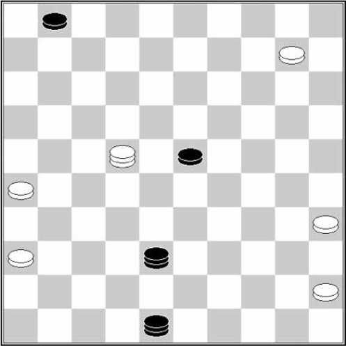 Białe: 45, 36, 35, 26, 10, damka 22 Czarne: 1, 23, damka 38, damka 48