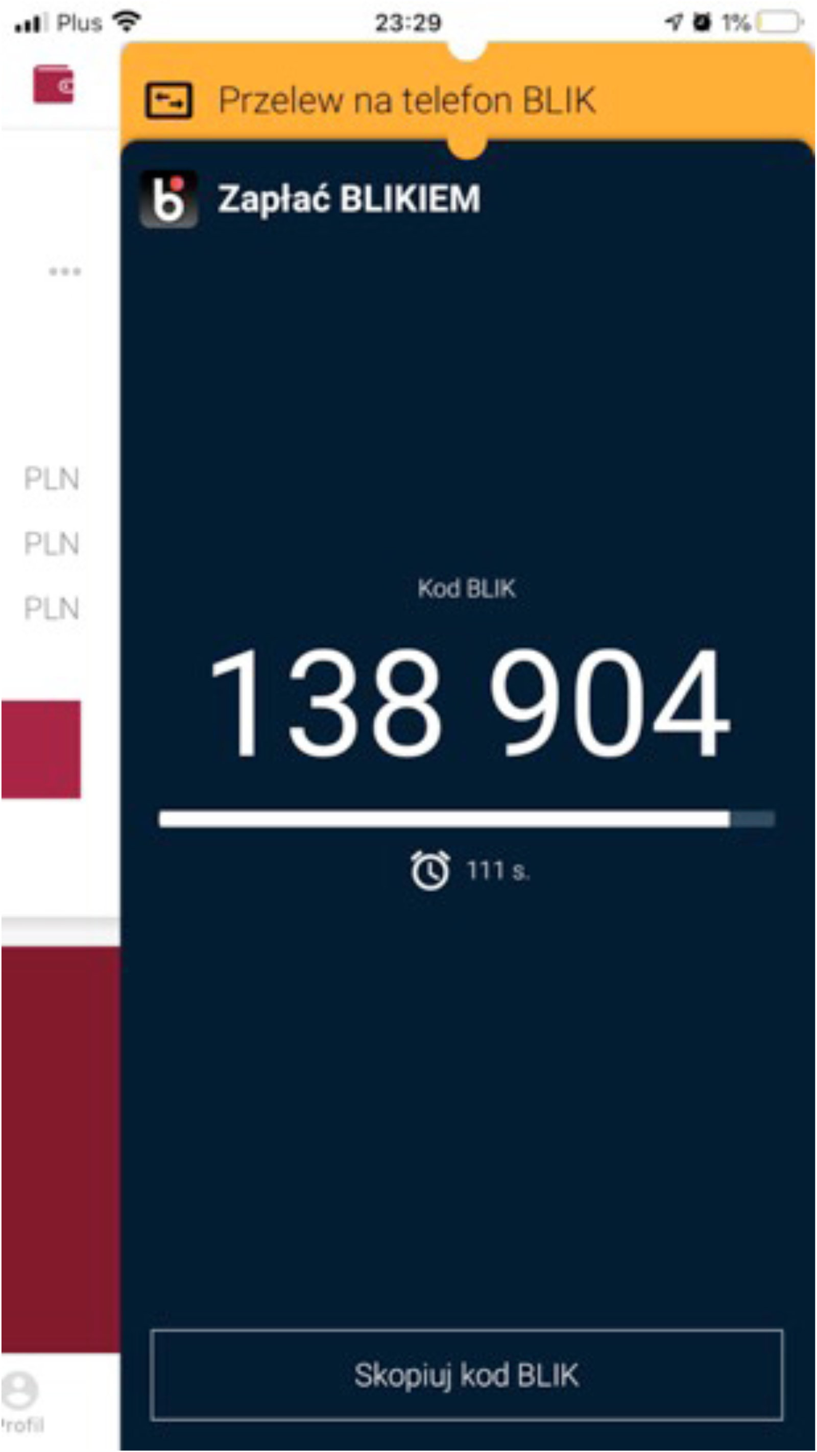 Zrzut ekranu z aplikacji bankowej z wygenerowanym numerem BLIK