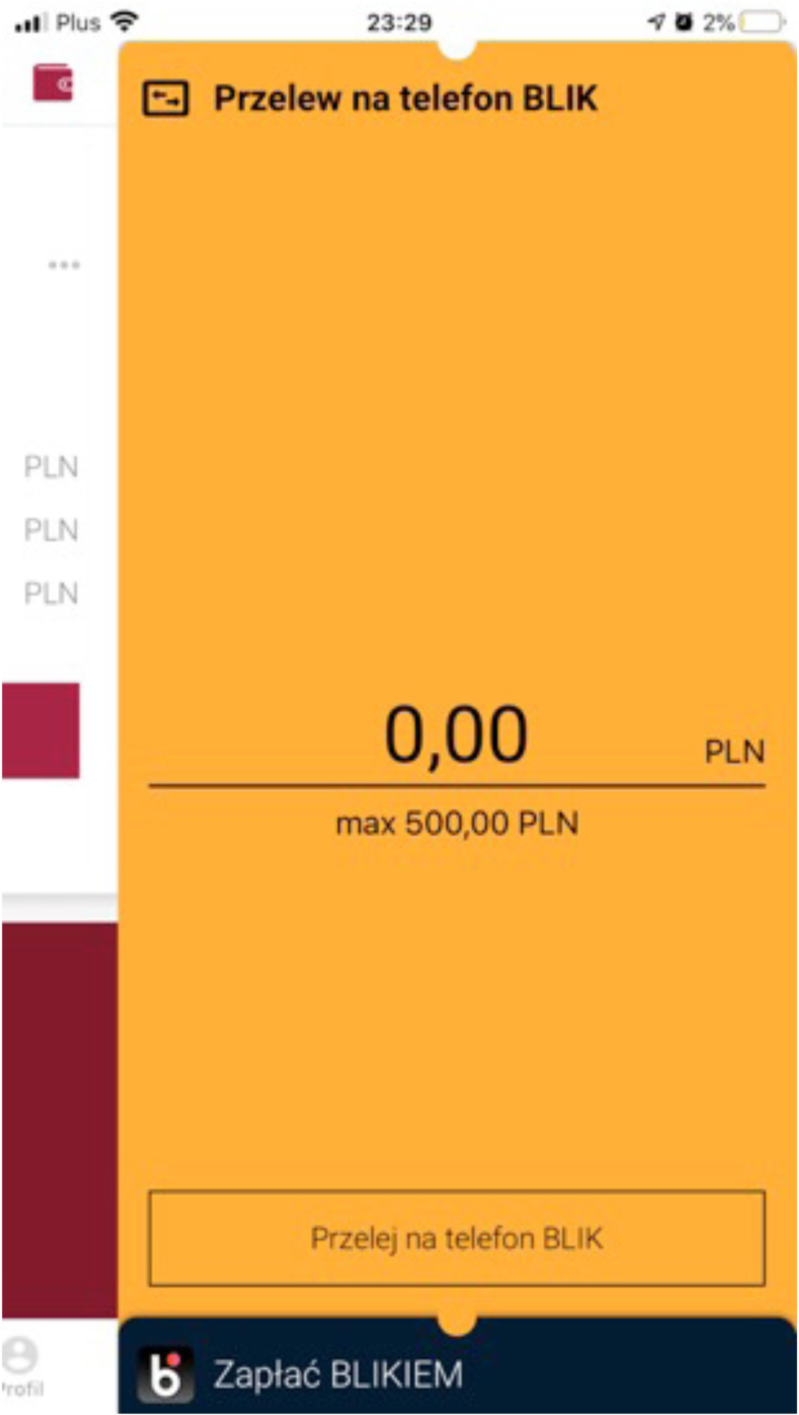 Zrzut ekranu z aplikacji bankowej z przelewem BLIK na telefon