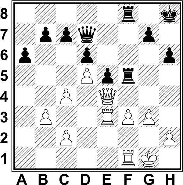 Białe: Kg2, He4, We3, Wf1, b3, c2, c4, d5, f3, g3, h2. Czarne: Kh8, Hd7, Wf5, Wf8, a6,b7, c7, d6, e5, g7, h6