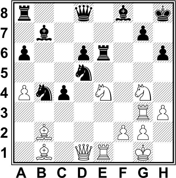 Białe: Kg1, Hd1, We1, Wg3, Gb1, Gb2, Se4, Sg4, a4, f2, g2, h3. Czarne: Kh8, Hd8, Wa8, We6, Gb7, Gf8, Sb4, Sd5, a6, c4, d6, g7, h6