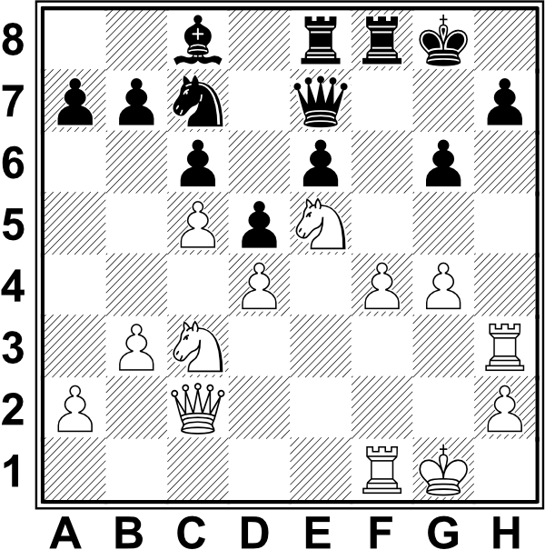 Białe: Kg1, Hc2, Wf1, Wh3, Sc3, Se5, a2, b3, c5, d4, f4, g4, h2. Czarne: Kg8, He7, We8, Wf8, Gc8, Sc7, a7, b7 c6, d5, e6, g6, h7
