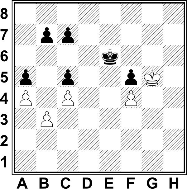 Białe: Kg5, a4, b3, c4, f4. Czarne: Ke6, a5, b7, c7, f5