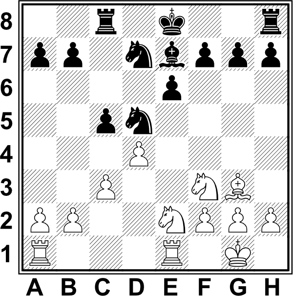 Białe: Kg1, Wa1, We1, Se2, Sf3, a2, b2, c3, d4, f2, g2, h2. Czarne: Ke8, Wc8, Wh8, Ge7, Sd5, Sd7, a7, b7, c5, e6, f7, g7, h7