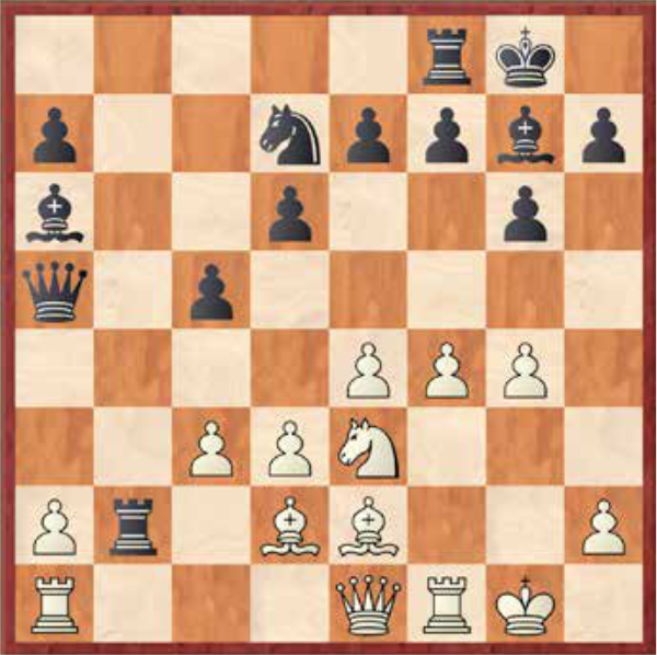 Białe: Kg1, He1, Wa1, Wf1, Gd2, Ge2, Se3, a, c3, d3, e4, f4, g4, h2. Czarne: Kg8, Ha5, Wb2, Wf8, Ga6, Gg7, Sd7, a7, c5, d6, e7, f7, g6, h7