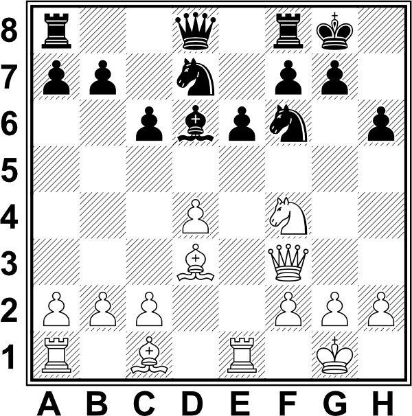 Białe: Kg1, Hf3, Wa1, We1, Gc1, Gd3, Sf4, a2, b2, c2, d4, f2, g2, h2. Czarne: Kg8, Hd8, Wa8, Wf8, Gd6, Sd7, Sf6, a7, b7, c6, e6, f7, g7, h6