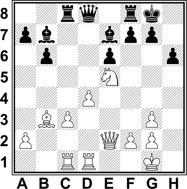 Białe: Kg1, He2, Wd1, We1, Gb3, Se5, a2, c3, d4, f2, g2, g3. Czarne: Kg8, Hd8, Wc8, Wf8 Gb7, Ge7, a7, b6, e6, f7, g7, h6 