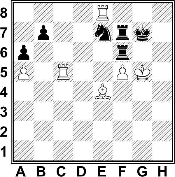 Białe: Kg5, Wc5, We8, Ge4, a5, f5. Czarne: Kg7, Wf7, Wf8, Se7, a6, b7