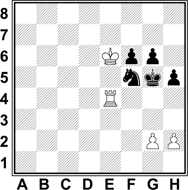 Białe: Ke6, We4, g2, h2. Czarne: Kg5, Sf5, f6, g6, h5