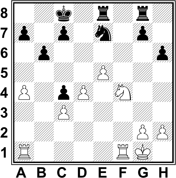Białe: Kg1, Wa1, Wf1, Sf4, a4, c3, d4, e5, g1, h1. Czarne: Kc8, We8, Wg8, Se7, a7, b6, c4, c7, g7, h6