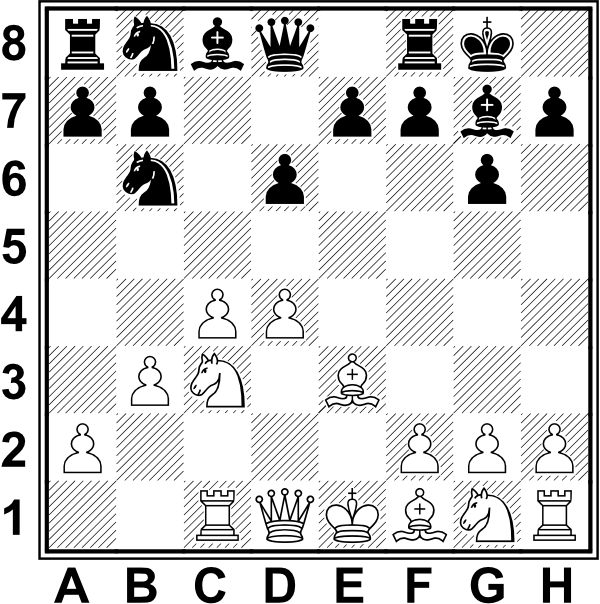 Białe: Ke1, Hd1, Wc1, Wh1, Ge3, Gf1, Sc3, Sg1, a2, b3, c4, d4, f2, g2, h2. Czarne: Kg8, Hd8, Wa8, Wf8, Gc8, Gg7, Sb6, Sb8, a7, b7, d6, e7, f7, g6, h7