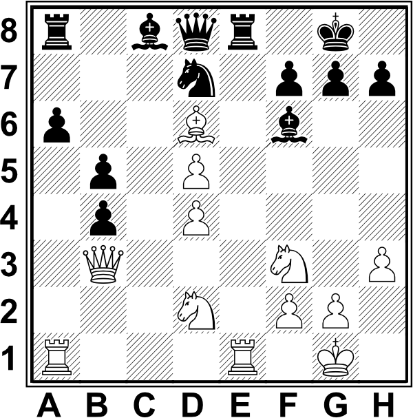 Białe: Kg1, Hb3, Wa1, We1, Gd6, Sd2, Sf3, d4, d5, f2, g2, h3. Czarne: Kg8, Hd8, Wa8, We8, Gc8, Gf6, Sd7, a6, b5, b4, f7, g7, h7