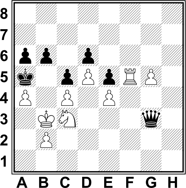 Białe: Kb3, Wf5, Sc3, a4, b2, c4, d5, e4, g5. Czarne: Ka5, Hg3, a6, b6, c5, d6, e5