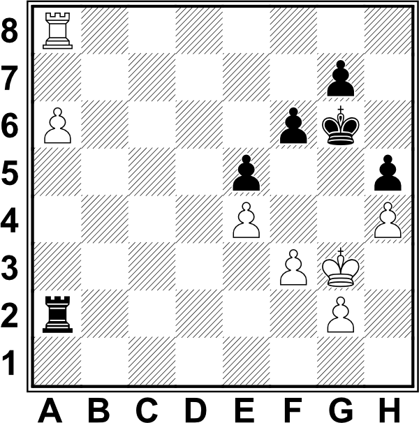 Białe: Kg3, Wa8, a6, e4, f3, g2, h4. Czarne: Kg6, Wa2, e5, f6, g7, h5