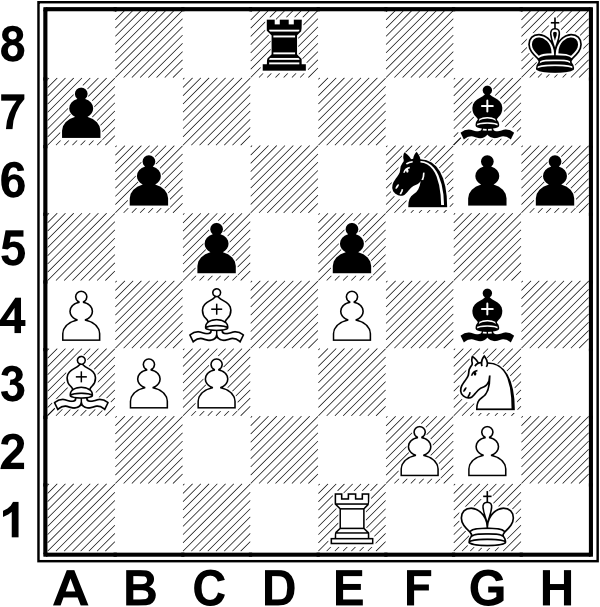 Białe: Kg1, We1, Ga3, Gc4, Sg3, a4, b3, c3, e4, f2, g2; Czarne: Kh8, Wd8, Sf6, Gg4, Gg7, a7, b6, c5, e5, g6, h6