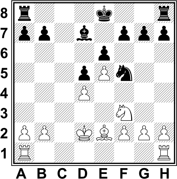 Białe: Kd2, Wa1, Wh1, Ge2, Sf3, a2, b2, d4, e5, f2, g2, h2; Czarne: Ke8, Wa8, Wh8, Gd7, Sf5, a7, b7, d5, e6, f7, g7, h7