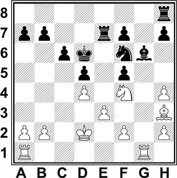 Białe: Kd2, Wa1, Wg1, Sf4, Gh3, a2, b2, d4, e3, f2, h2, h4; Czarne: Kd6, We7, Wh8, Sf6, Gg6, a7, b7, c6, d5, f7, f5, h7