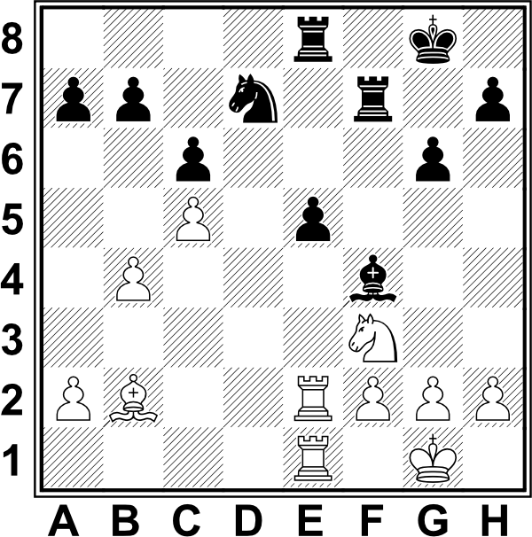 Białe: Kg1, We1, We2, Gb2, Sf3, a2, b4, c5, f2, g2, h2; Czarne: Kg8, We8, Wf7, Sd7, Gf4, a7, b7, e5, g6, h7
