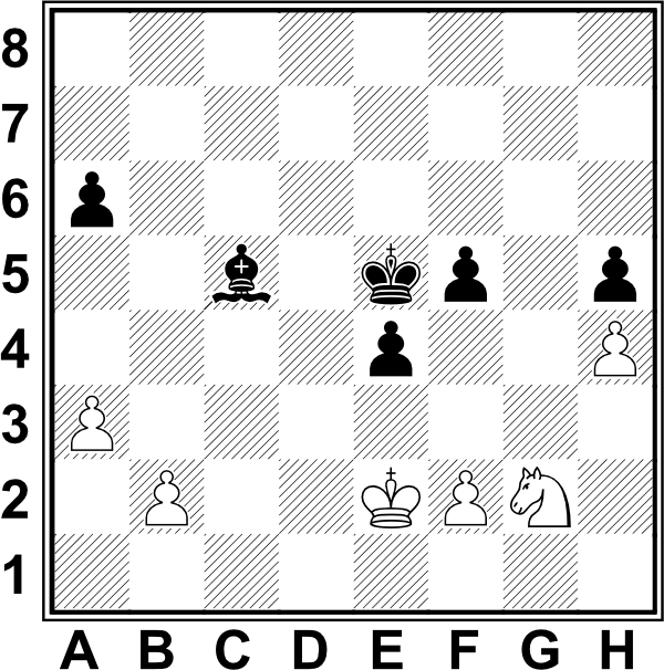 Białe: Ke2, Sg2, a3, b2, f2, h4; Czarne: Ke6, Gc5, a6, e4, f5, h5