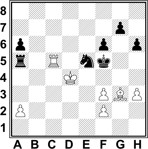 Białe: Kd4, Wc5, Gg3, a2, f2, f3, h3; Czarne: Kf5, Wa5, Se5, a6, f6, g7, h6