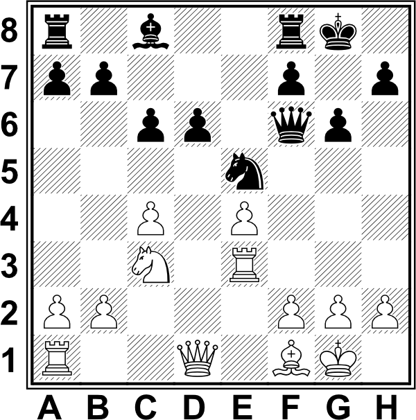 Białe: Kg1, Hd1, Wa1, We3, Sc3, Gf1, a2, b2, c4, e4, f2, g2, h2; Czarne: Kg8, Hf6, Wa8, Wf8, Gc8, Se5, a7, b7, c6, d6, f7, g6, h7