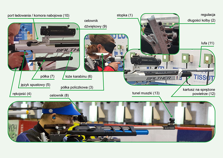 objaśnienia port ładowania / komora nabojowa (10) celownik dźwiękowy (9)  półka (7) łoże karabinu (6)  język spustowy (5)  rękojeść (4) półka policzkowa (3) celownik (8) stopka (1) regulacja długości kolby (2) lufa (11)  tunel muszki (13) kartusz na sprężone powietrze (12) 