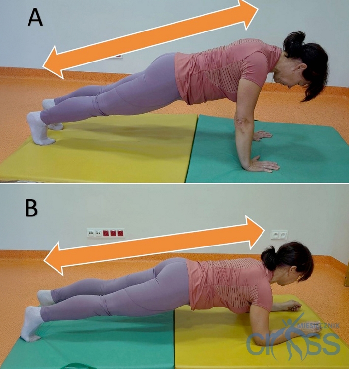 kolaż dw&oacute;ch zdjęć na kt&oacute;rych kobieta wykonuje pompki. na g&oacute;rnym zdjęciu opiera się na rękach na drugim na łokciach