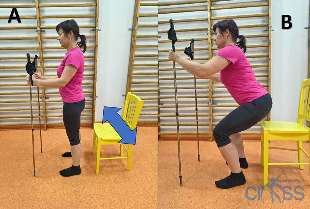 kobieta w trakcie ćwiczeń wykonuje przysiady jedno ćwiczenie na zgiętych kolanach drugie na wyprostowanych