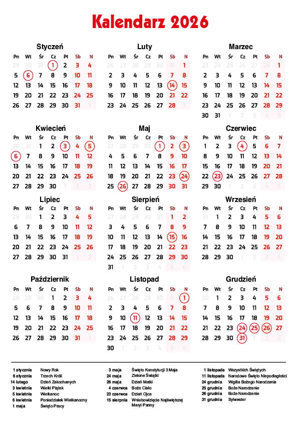 grafika kalendarza na 2026 rok