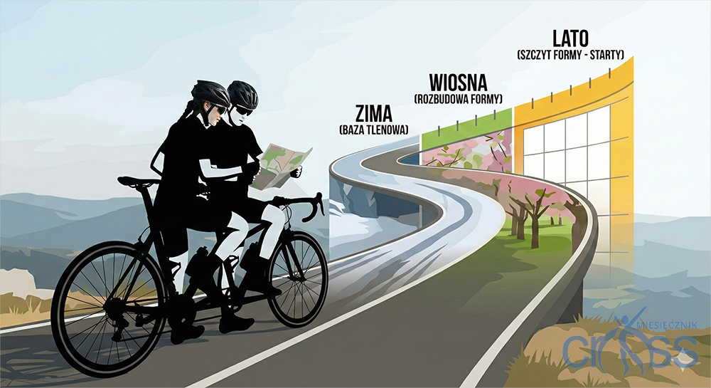 rysunek przedstawia kolarzy jadących pod g&oacute;rę